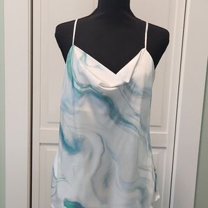 Express Satin Cowl Neck Cami Top - White with Teal & Seafoam Swirl
